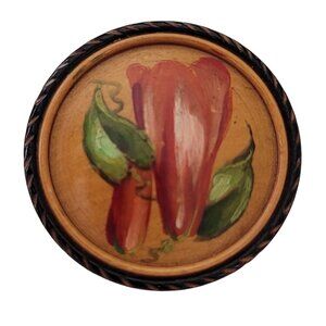 Vintage Carved Wood Painted Flower Round Pin Brooch E827